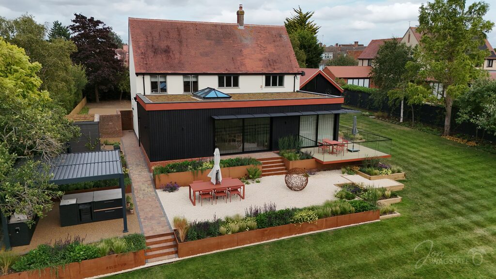 Aerial drone view of Warwick House and its landscaped garden, photographed by Jon Wagstaff